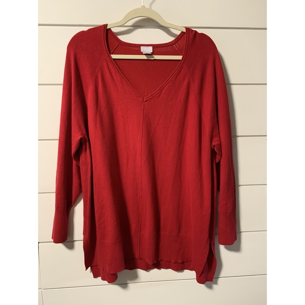 Chicos Zenergy Cashmere Blend Red V Neck Long Sleeve Sweater Size 3 XL Lagenlook